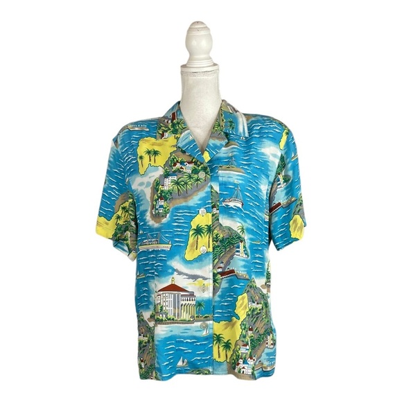 Vintage Liz Sport 80s 90s Hawaiian Button Down Shirt Resort Blue Summer Island - Picture 7 of 7